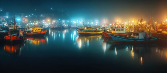 Fototapeta premium Misty fishing harbor at night