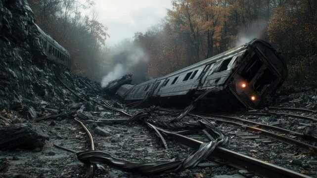 A derailed train lies twisted on destroyed tracks in a forest with smoke rising in the misty autumn air.