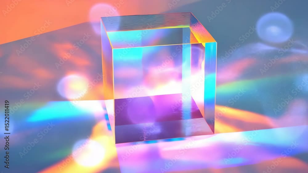 Poster A transparent glass cube reflects and refracts vibrant multicolored light, creating a surreal, colorful and ethereal visual effect on the surface below.