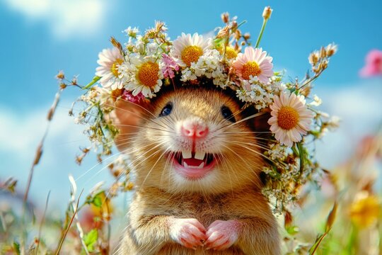 Summer happiness. Cute baby animal mouse wearing free flower wreath on its head. Sunny daylight. Forest animal with floral decor. Wild creature with soft floral accents. Sun-kissed wild anima.