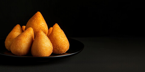 Coxinhas de frango em prato preto, lanche tradicional brasileiro  sobre fundo preto