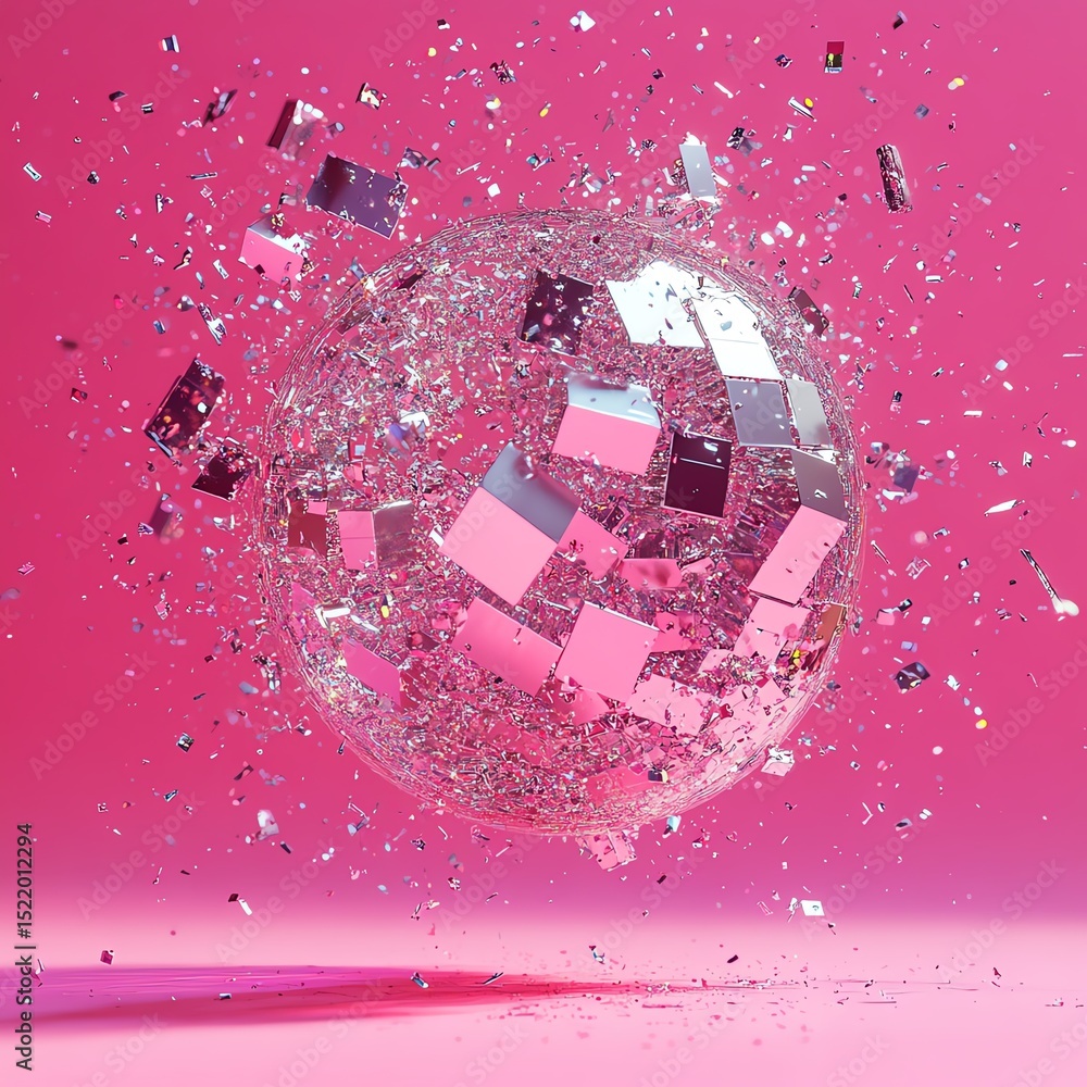 Aufkleber Abstract digital sphere exploding into cubic data; vibrant pink background  high resolution   for isolate image