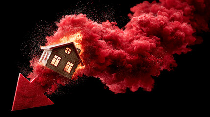 Small house model on fire with red downward arrow symbolizing real estate market crash and financial loss concept