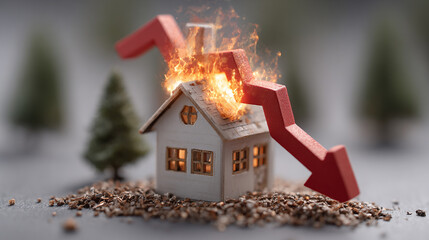 Small house model on fire with red downward arrow symbolizing real estate market crash and financial loss concept