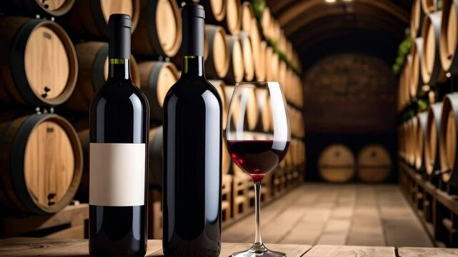 Elegant wine cellar interior featuring glass of red wine and two unlabeled bottles on aged wooden table against barrel backdrop.