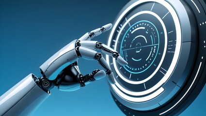  A close-up view of a sleek, metallic robotic arm interacting with a futuristic digital interface. Highlighting the cutting-edge technology, innovation.