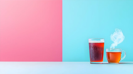 Two Colorful Cups Of Hot Beverages On A Pastel Background