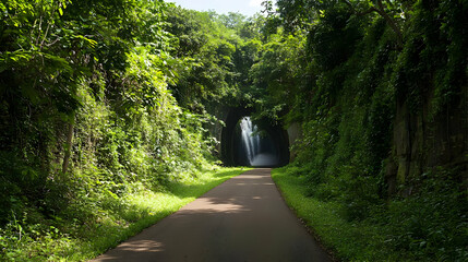 Forest Path With Waterfall Tunnel