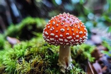 Close-up of a red amanita mushroom with dew-covered cap nestled in forest moss, glowing in soft morning light, blending beauty with natural danger.