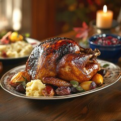A beautifully roasted Thanksgiving turkey as the centerpiece of a festive table, golden-brown and perfectly glazed.