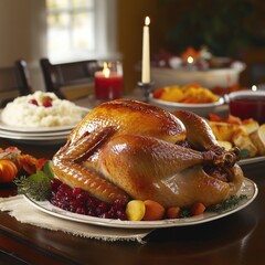A beautifully roasted Thanksgiving turkey as the centerpiece of a festive table, golden-brown and perfectly glazed.