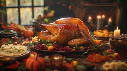 A beautifully roasted Thanksgiving turkey as the centerpiece of a festive table, golden-brown and perfectly glazed.