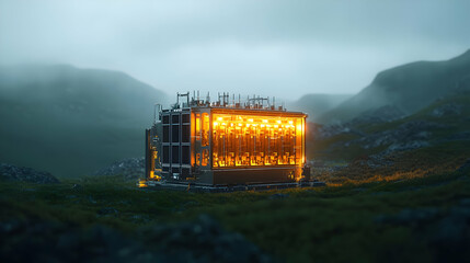 Futuristic Illuminated Building In Misty Landscape
