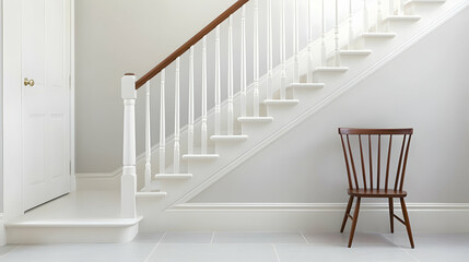 White Interior Staircase With Wooden Chair