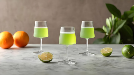 Three Modern Cocktail Glasses With Lime And Orange Slices