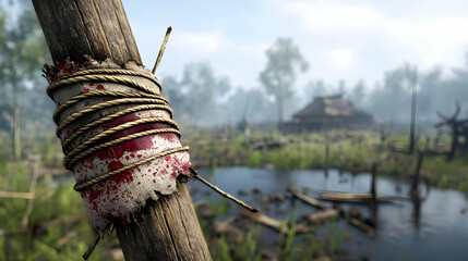 Bloody Wound Tied Wooden Stick In Swampy Forest