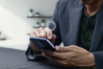 Person Using Smartphone for Online Search with Glass Icon Displayed