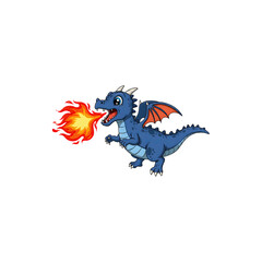 Fototapeta premium Small blue dragon breathing fire with a fierce expression.
