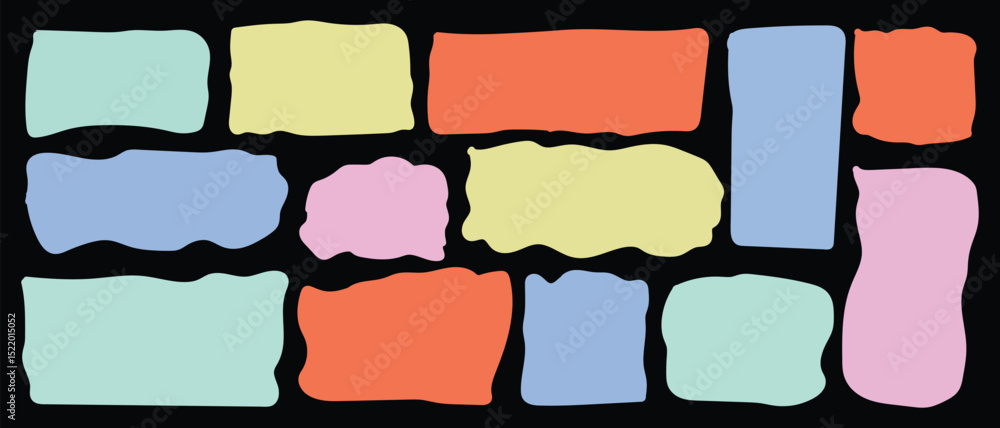 Poster vector wavy rectangles with grain texture, irregular colorful text boxes. crayon drawn squares and r