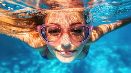 Female swimmer at the swimming pool. Underwater photo.