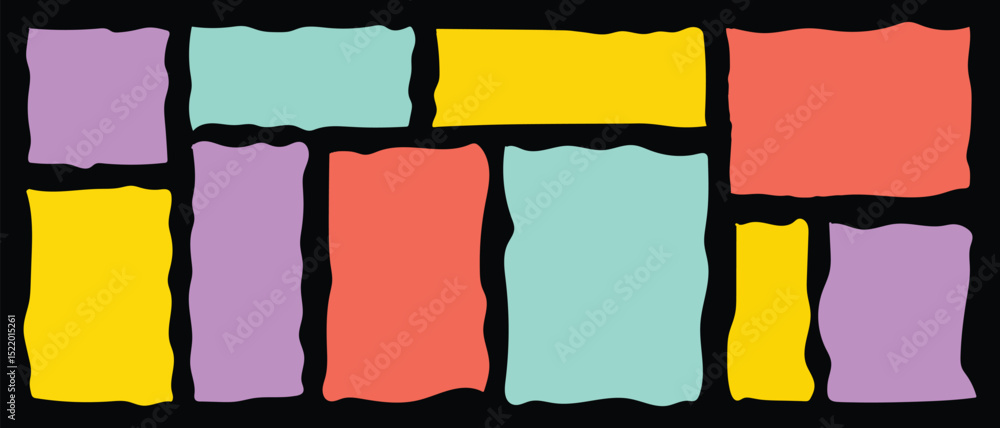 Poster vector wavy rectangles with grain texture, irregular colorful text boxes. crayon drawn squares and r