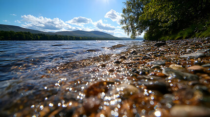 Riverbank With Stones And Sunlight
