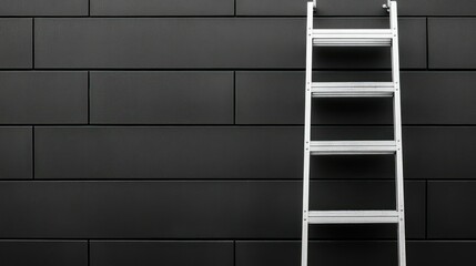 A silver ladder leaning against a dark black tiled wall