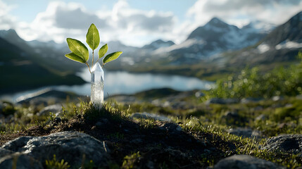 Crystal Plant Growing Amidst Mountains And Lake