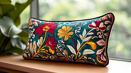 Vibrant Floral Patterned Teal Pillow On Wooden Sill