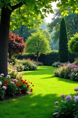 Fototapeta premium Serene garden landscape featuring lush green lawn, vibrant flowerbeds, and mature trees Perfect for real estate, home improvement, and nature websites , greenery, colorful, peaceful