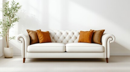 Elegant white tufted sofa with orange cushions in modern minimal living room interior design
