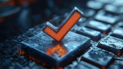 Metallic checkmark symbol resting on textured keyboard key, showcasing blend of orange and gray tones. image conveys sense of approval and completion