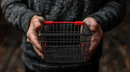 Person holds small metal shopping basket with red handles, showcasing minimalist design. focus is on basket, emphasizing its utility and simplicity in cozy setting