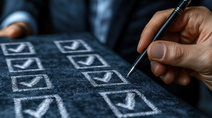 Person is checking off items checklist with pen, symbolizing productivity and organization professional setting. background suggests business environment, enhancing focus task completion