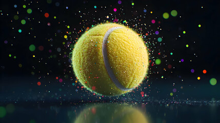 Colorful Tennis Ball Explosion Against Dark Background