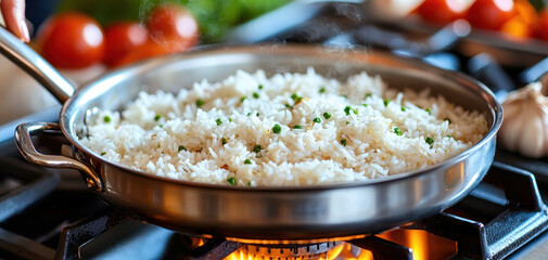 Rice cooking in stainless steel pan on gas stove, surrounded by fresh vegetables. steam rising adds warm and inviting atmosphere to kitchen scene