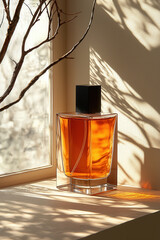 Perfume bottle placed wooden surface, illuminated by soft natural light. warm amber liquid contrasts beautifully with shadows cast by nearby branches