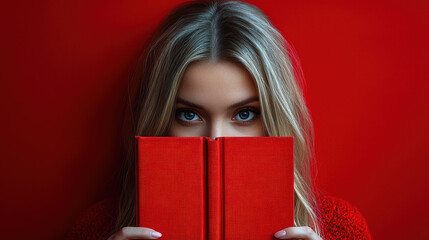 Woman holding red book close to her face, with striking blue eyes peeking over cover. vibrant red background enhances emotional connection and intrigue