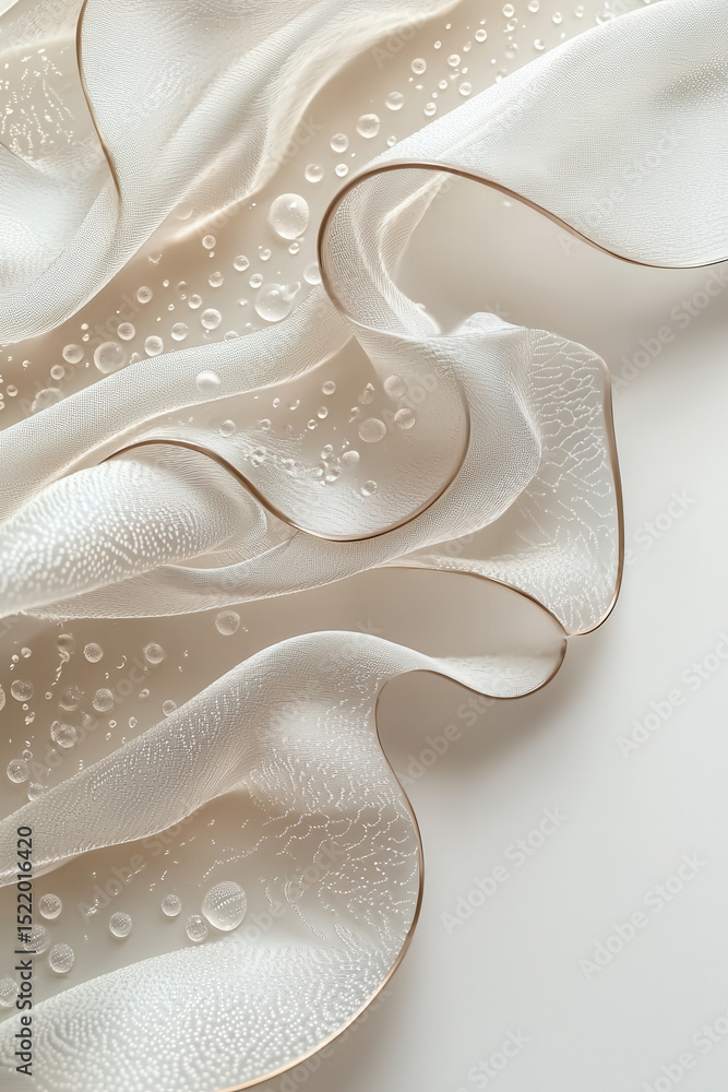 Poster delicate and elegant fabric draped gracefully, adorned with tiny water droplets that enhance its tex