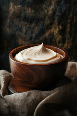Creamy texture of natural cream in wooden bowl, beautifully presented on rustic background. soft peaks create inviting and delicious appearance, perfect for culinary use