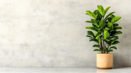 Indoor potted plant with lush green leaves placed against a textured light gray wall for home decor