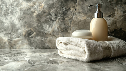 Elegant arrangement of bottle of liquid soap, bar of soap, and soft towel on textured marble surface creates calming atmosphere. This setup is perfect for spa or bathroom setting