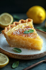 Delicious slice of lemon pie sits on rustic plate, garnished with mint leaves. golden filling glistens under soft lighting, surrounded by fresh lemons, evoking sense of warmth and comfort