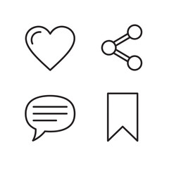Illustration of a heart shape, a share icon, a speech bubble, and a bookmark icon in a simple outline style