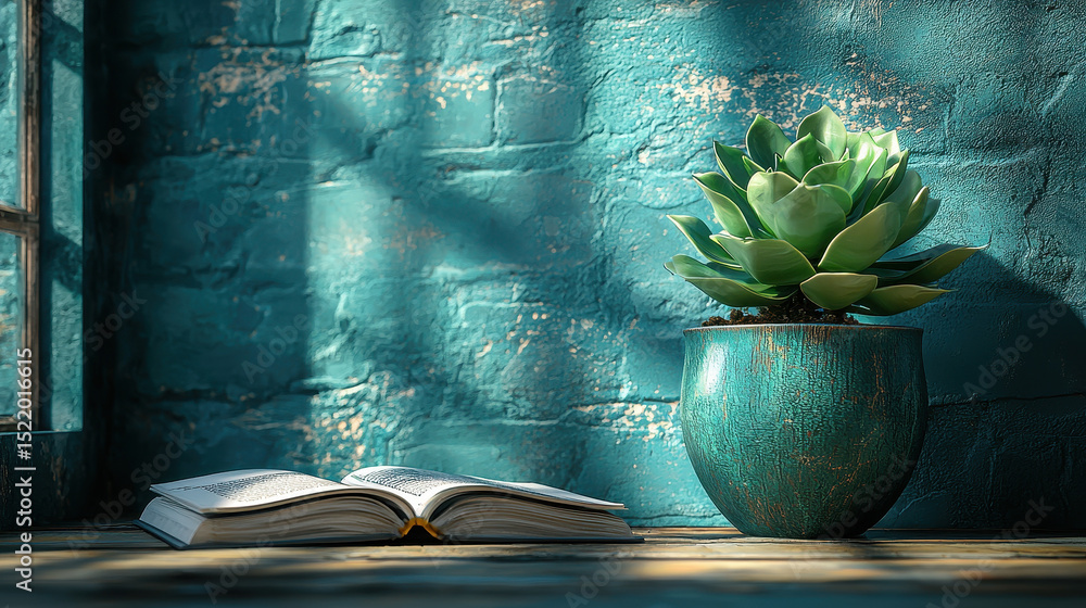 Poster green succulent in textured pot beside open book on rustic wooden surface. soft light creates calmin