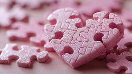 Pink heart shaped puzzle piece surrounded by smaller puzzle pieces, evoking feelings of love and connection. This colorful arrangement is perfect for themes of unity