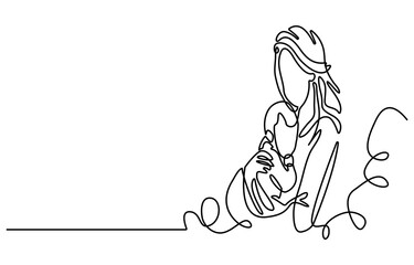 Happy Mother's Day card. Woman holding baby in line art style. Vector illustration
