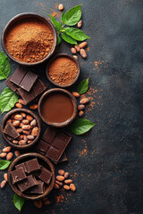 Rich cocoa powder, dark chocolate, cocoa beans, and fresh green leaves are beautifully arranged in wooden bowls on dark textured surface, creating warm and inviting composition