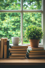Cozy window scene featuring stack of books, white mug, and potted plant, creating warm and inviting atmosphere perfect for reading and relaxation