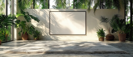 Interior space featuring blank wall, surrounded by lush green plants and natural light streaming through large windows. atmosphere is calm and inviting, perfect for relaxation